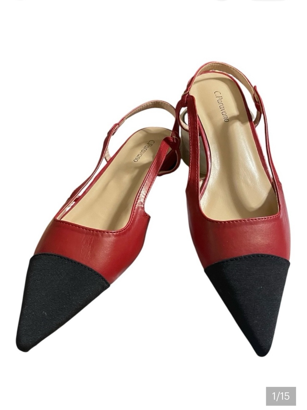 C. PARAVANO RED & BLACK
POINTED SLING BACK
SANDALS SZ 40